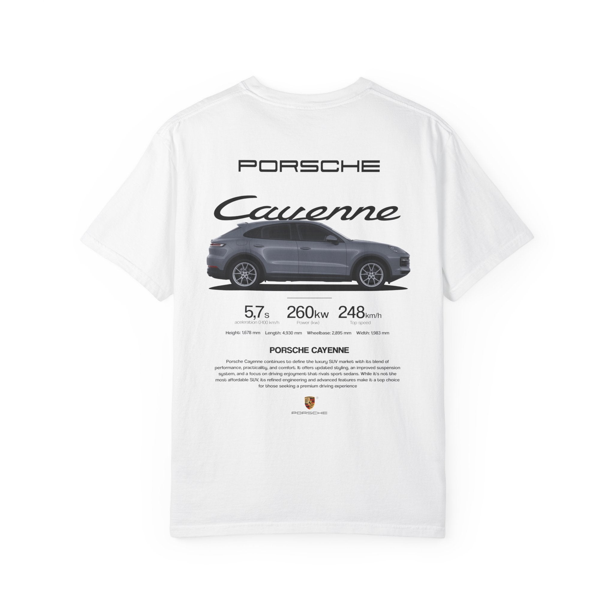 Porsche Cayenne Graphic T-Shirt — Vintage Car Spec Back Print
