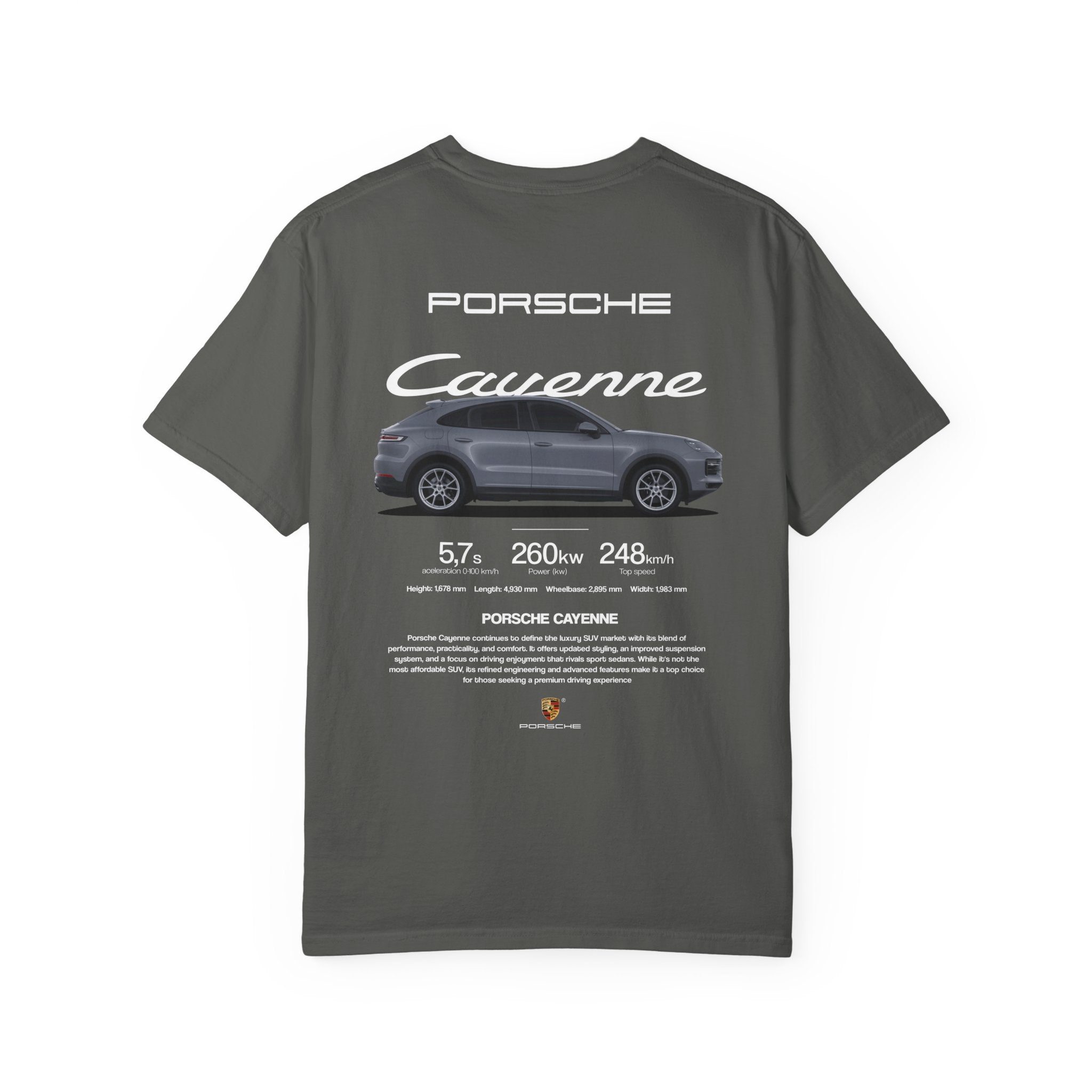 Porsche Cayenne Graphic T-Shirt — Vintage Car Spec Back Print
